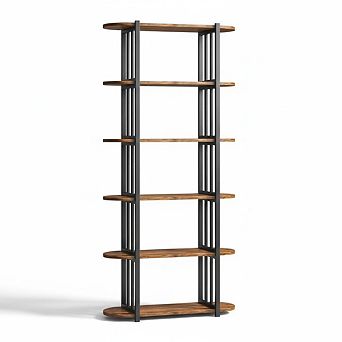6 tier Industrial Bookshelf, Metal Frame and Wood Freestanding Open Storage Shelves