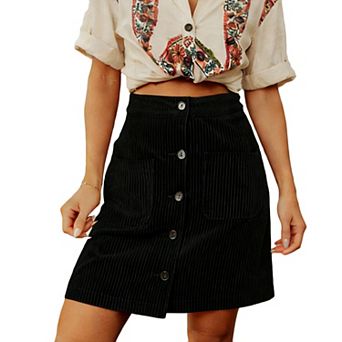 Women's Corduroy High-Waisted Button-Front Knee Length Casual Skirt