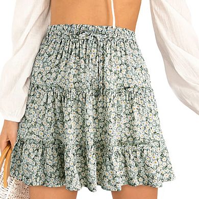 Womens Elastic Waist Short Length Skirt Tiered Ruffles Floral Drawstring Casual Skirts