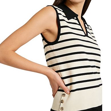 Women's Sleeveless Polo Neck Ribbed Knit Top Striped Side Button Casual Tops