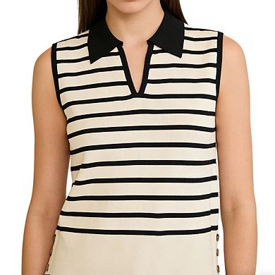 Women's Sleeveless Polo Neck Ribbed Knit Top Striped Side Button Casual Tops