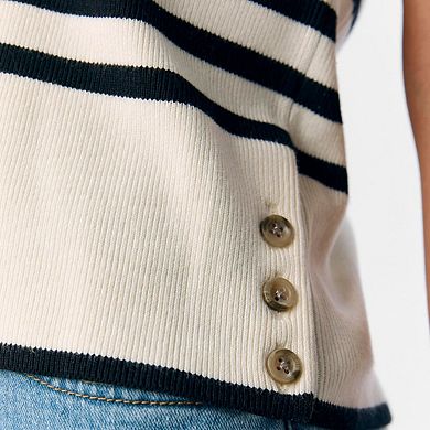 Women's Sleeveless Polo Neck Ribbed Knit Top Striped Side Button Casual Tops