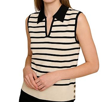 Women's Sleeveless Polo Neck Ribbed Knit Top Striped Side Button Casual Tops