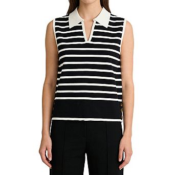 Women's Sleeveless Polo Neck Ribbed Knit Top Striped Side Button Casual Tops
