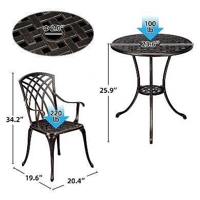 3-Piece Cast Aluminum Bistro Set Table + 2 Chairs, Maintenance-Free