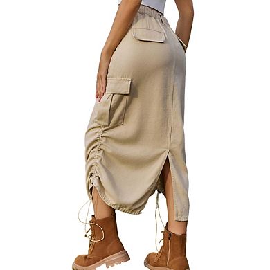 Women's Elastic Waist Drawstring Pockets Ruched Side Slit Casual Midi Cargo Skirt