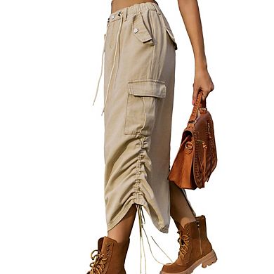 Women's Elastic Waist Drawstring Pockets Ruched Side Slit Casual Midi Cargo Skirt