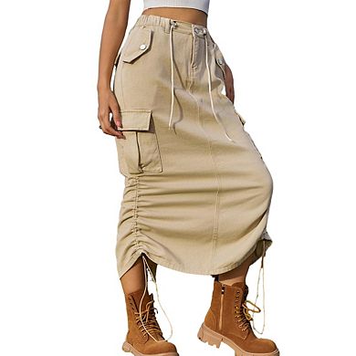 Women's Elastic Waist Drawstring Pockets Ruched Side Slit Casual Midi Cargo Skirt