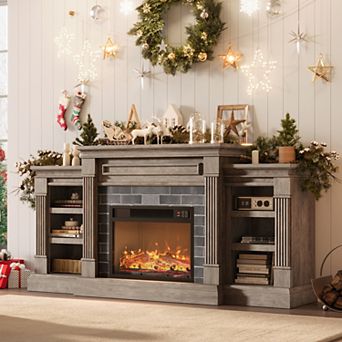 Fireplace TV Stand, Wooden Entertainment Center with Fireplace and Storage, for Living Room