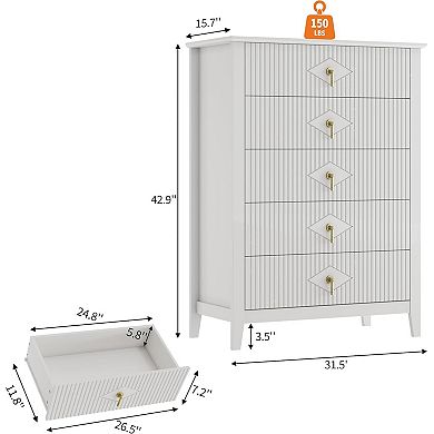 32”W 5-Drawer Wood Dresser, Modern Storage Cabinet TV Stand