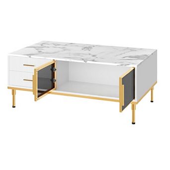 Modern Coffee Table with Glass Door & Wave Pattern Drawers, White Marble Top with Gold Metal Legs