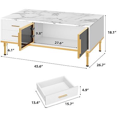 Modern Coffee Table with Glass Door & Wave Pattern Drawers, White Marble Top with Gold Metal Legs