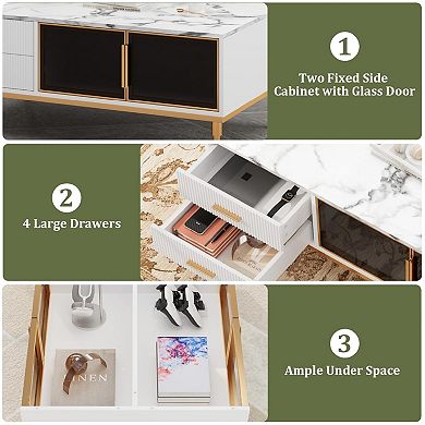 Modern Coffee Table with Glass Door & Wave Pattern Drawers, White Marble Top with Gold Metal Legs