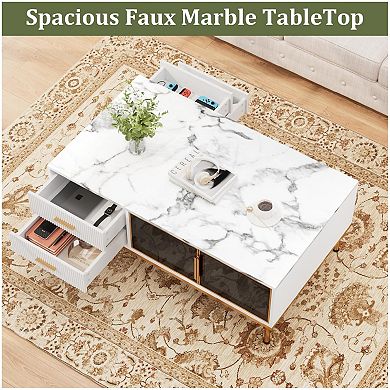 Modern Coffee Table with Glass Door & Wave Pattern Drawers, White Marble Top with Gold Metal Legs