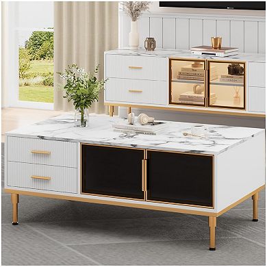 Modern Coffee Table with Glass Door & Wave Pattern Drawers, White Marble Top with Gold Metal Legs