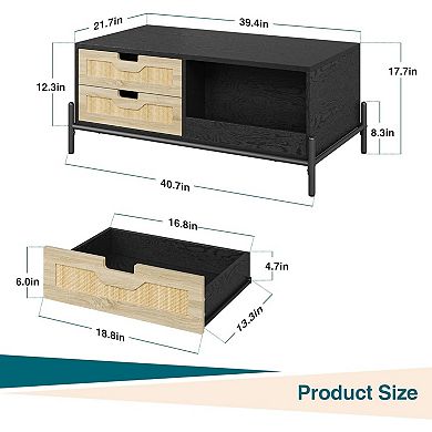 Farmhouse Living Room Table with Open Storage Shelf, Rattan Coffee Table