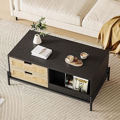 Farmhouse Living Room Table with Open Storage Shelf, Rattan Coffee Table