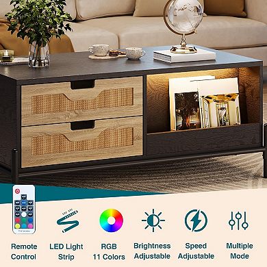 Farmhouse Living Room Table with Open Storage Shelf, Rattan Coffee Table