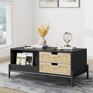 Farmhouse Living Room Table with Open Storage Shelf, Rattan Coffee Table