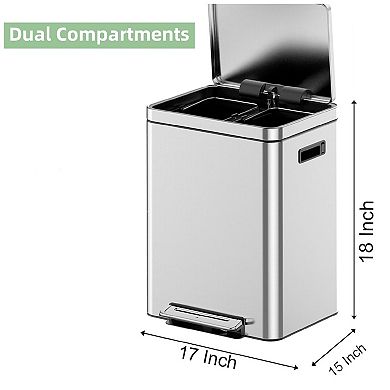 Dual Compartment Kitchen Trash Can - 8 Gal (2 x 15L) Stainless Steel Step Recycling Bin
