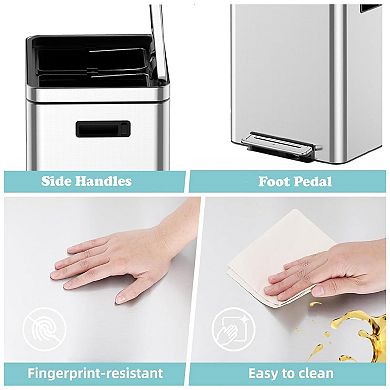 Dual Compartment Kitchen Trash Can - 8 Gal (2 x 15L) Stainless Steel Step Recycling Bin