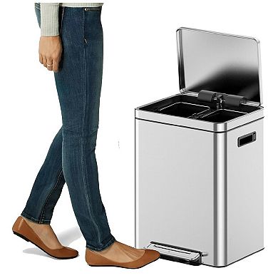 Dual Compartment Kitchen Trash Can - 8 Gal (2 x 15L) Stainless Steel Step Recycling Bin