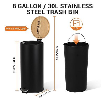 8 Gallon (30L) Step Trash Can with Soft-Close Bamboo Lid Fingerprint-Resistant Stainless Steel