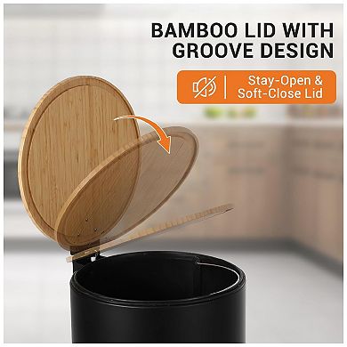 8 Gallon (30L) Step Trash Can with Soft-Close Bamboo Lid Fingerprint-Resistant Stainless Steel