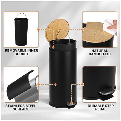 8 Gallon (30L) Step Trash Can with Soft-Close Bamboo Lid Fingerprint-Resistant Stainless Steel
