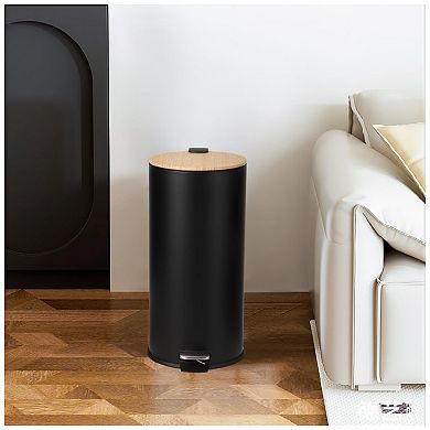 8 Gallon (30L) Step Trash Can with Soft-Close Bamboo Lid Fingerprint-Resistant Stainless Steel