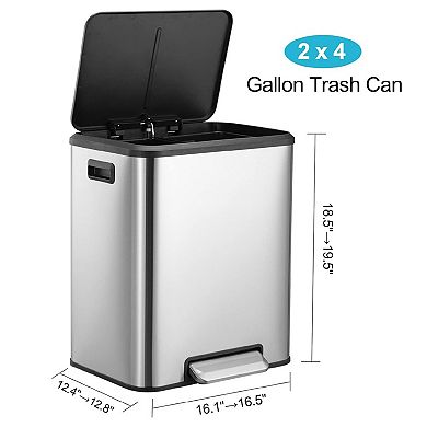 8 Gallon/30l Dual Compartment Trash Can, Stainless Steel Step Recycling Bin