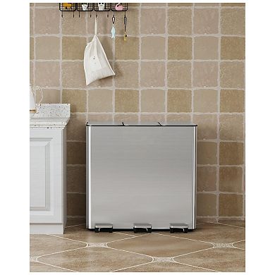 60L Three-Compartment Pedal Kitchen Trash Can, Stainless Steel Recycling Bin with Odor Seal