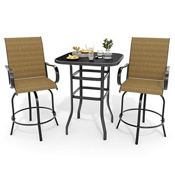 3 pc Outdoor Bar Set Glass Top, 2 Swivel Stools, Patio Ready