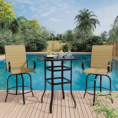 3-Piece Outdoor Bar Set Glass Top, 2 Swivel Stools, Patio Ready