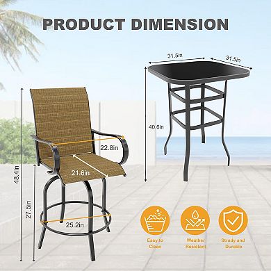 3-Piece Outdoor Bar Set Glass Top, 2 Swivel Stools, Patio Ready
