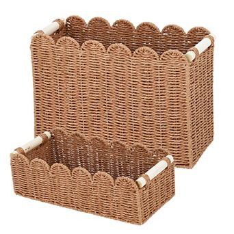 2-Pack Woven Wicker Storage Baskets with Handles Scalloped Rope Bins for Bathroom, Shelf or Decor
