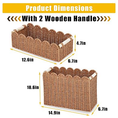 2-Pack Woven Wicker Storage Baskets with Handles Scalloped Rope Bins for Bathroom, Shelf or Decor