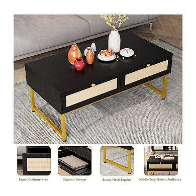 Coffee Table, Wooden Metal Frame Sofa Table with 2 Drawers Industrial Design Side Table