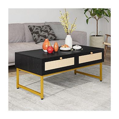 Coffee Table, Wooden Metal Frame Sofa Table with 2 Drawers Industrial Design Side Table