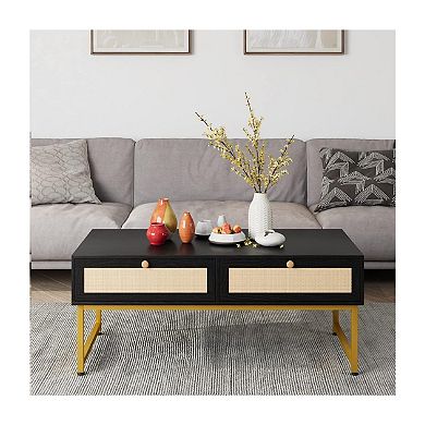 Coffee Table, Wooden Metal Frame Sofa Table with 2 Drawers Industrial Design Side Table