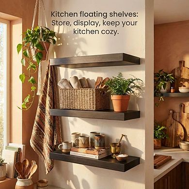 Set of 3 Solid Wood Floating Wall Shelf Sets for Bathroom Bedroom Kitchen