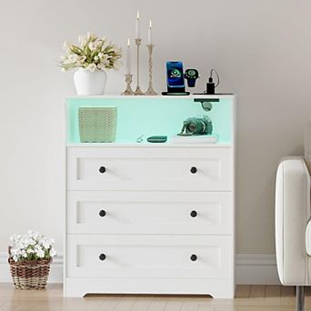 Small Dresser for Bedroom Closet Bedside with 3 Drawers, Wooden Dressers with Charging Station