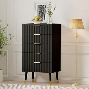 Fluted 5 Drawer Dresser Tall Dressers with Gold Metal Handles Small Dresser Storage Chest Cabinet