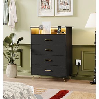 4-Drawer Dresser for Bedroom with Charging Station & RGB Lights, Tall Modern Wooden Chest