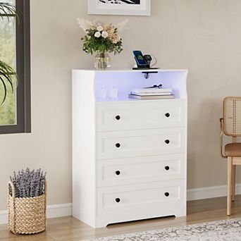 4 Drawer Wooden Dressers for Bedroom with LED Lights & Charging Station, Modern Nightstand