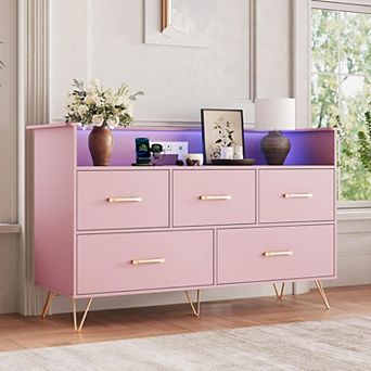 5 Drawer Dresser for Bedroom, 47 in Modern Wooden Dresser with LED Lights & Charging Station, Wide
