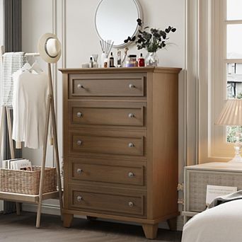 5 Drawer Dresser, Wooden Storage Chest of Drawers with Exquisite Metal Handles, Tall Storage