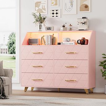 Dresser for Bedroom with 6 Drawers, Modern Chest of Drawers with Charging Station & LED Lights, TV