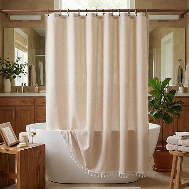 Solid Color Trimmed Shower Curtain with Tassel, Shower Curtain Sets with 12 Hooks Water-Repellent