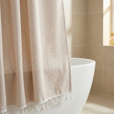 Solid Color Trimmed Shower Curtain with Tassel, Shower Curtain Sets with 12 Hooks Water-Repellent